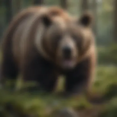 A grizzly bear foraging in a lush forest