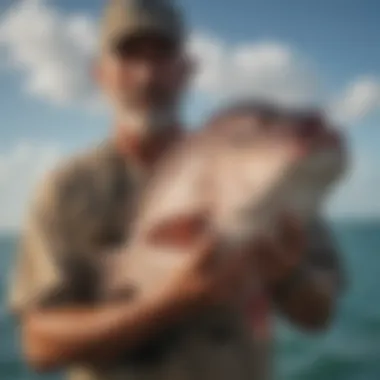 Fisherman with Grouper A fisherman holding a freshly caught grouper showcasing its unique features