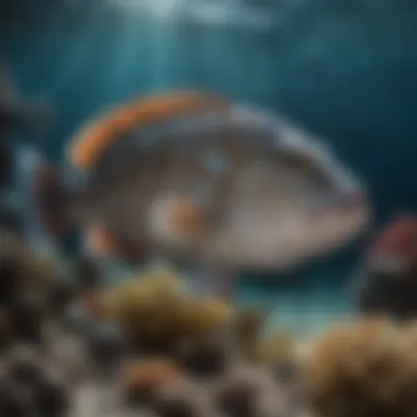 An underwater shot of various grouper species coexisting in a marine environment