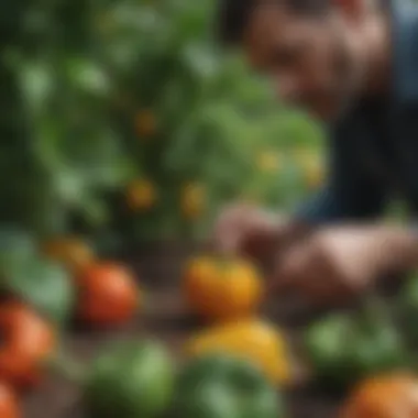 A gardener inspecting bell pepper plants for pest issues