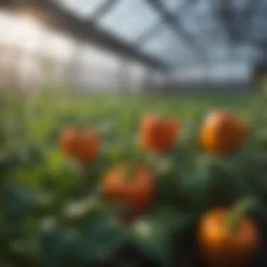 Sunlight shining on bell pepper plants in a greenhouse