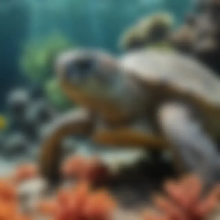 Close-up of green sea turtle resting on coral reef