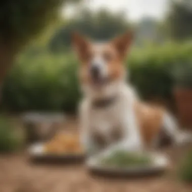 A serene outdoor scene featuring a happy dog enjoying its meal with rosemary-infused food