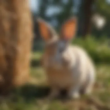 Bunny Chewing on Hay in a Natural Setting A playful bunny enjoying hay in a sunny garden