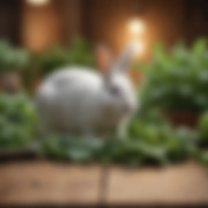 A rabbit exploring a variety of leafy greens on a table