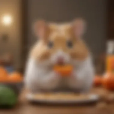 A close-up of a healthy hamster enjoying a meal of pure food, emphasizing happiness and vitality.