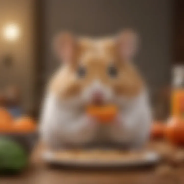 A close-up of a healthy hamster enjoying a meal of pure food, emphasizing happiness and vitality.