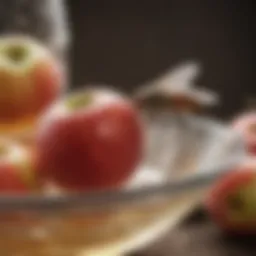 A close-up of a bowl filled with apple cider vinegar attracting fruit flies