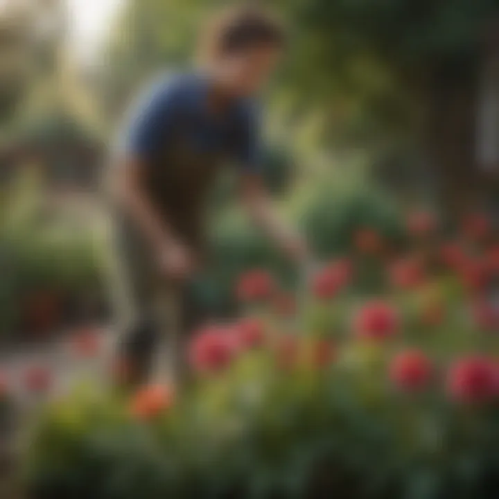 A gardener watering dahlia plants, demonstrating effective watering techniques for optimal growth.