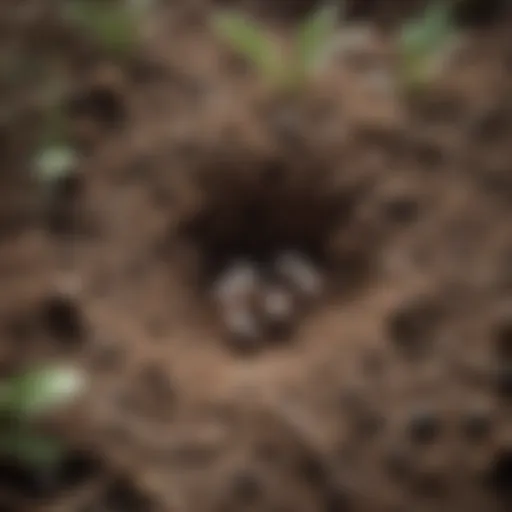 Close-up view of an ant nest in the soil