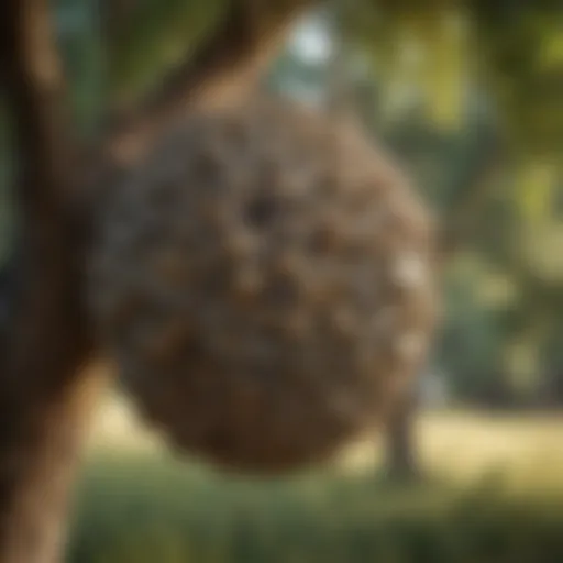 Close-up view of a large wasp nest hanging from a tree branch