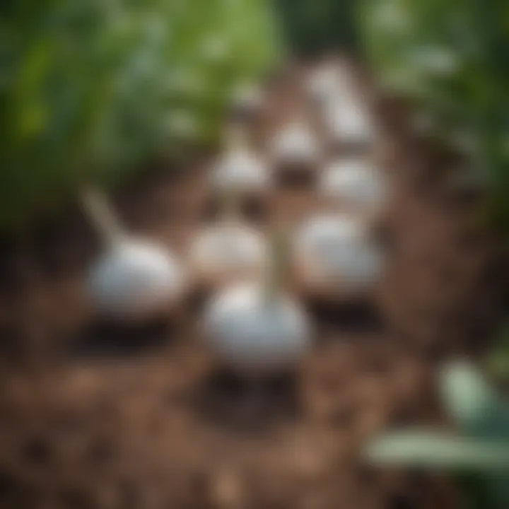 Garlic cloves planted in neat rows in a garden bed.