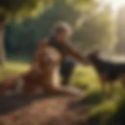 A serene moment between a dog and its owner in a peaceful setting.