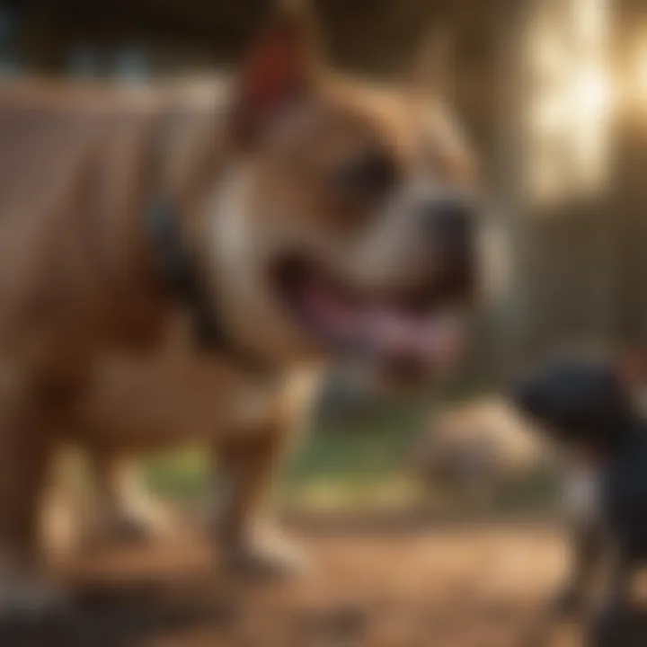 A happy American Bully playing with other dogs in a socialization exercise