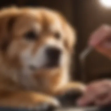 A dog sitting comfortably during a nail trimming session