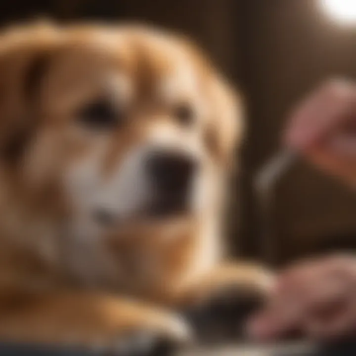 A dog sitting comfortably during a nail trimming session