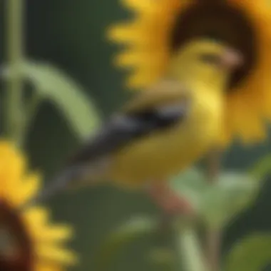 A vibrant American Goldfinch perched on a sunflower, highlighting its bright yellow plumage.