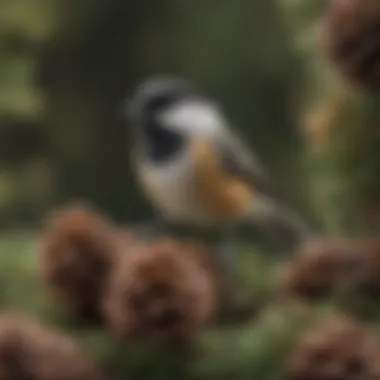 A small Chickadee perched on a pine cone, displaying its distinctive markings.