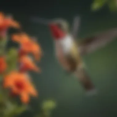 A curious Ruby-throated Hummingbird hovering near a flower, demonstrating its agility.