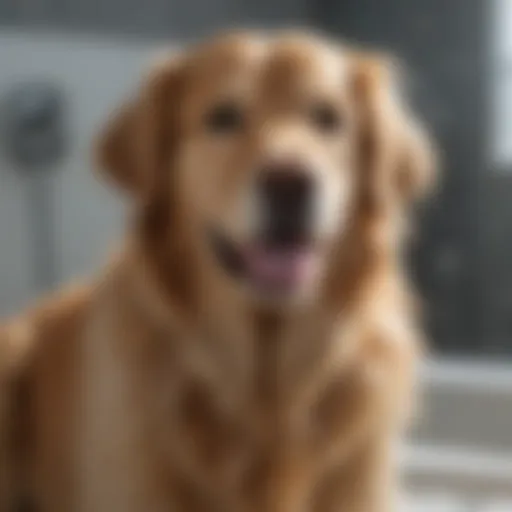 A golden retriever being bathed with shampoo to reduce shedding