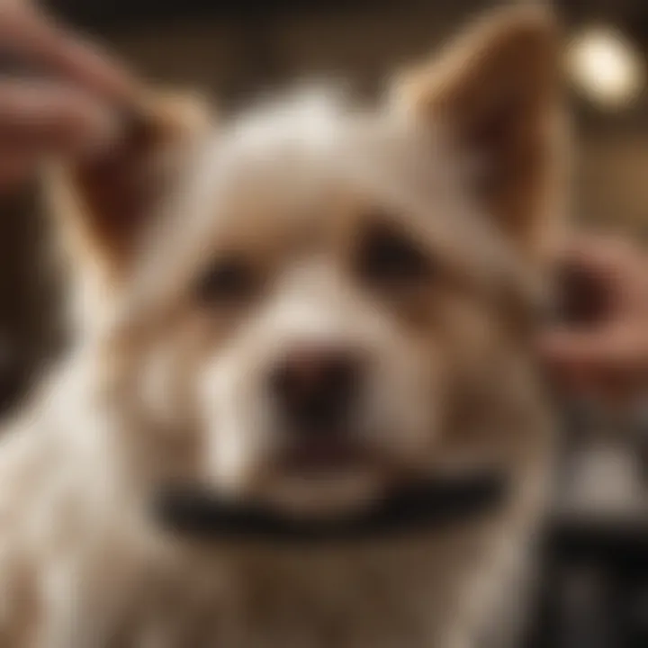 Close-up of a dog being groomed with a deshedder