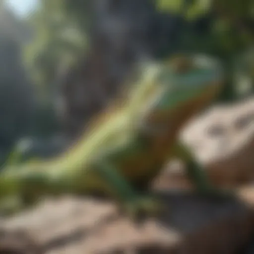 A vibrant green iguana basking in sunlight on a rocky surface