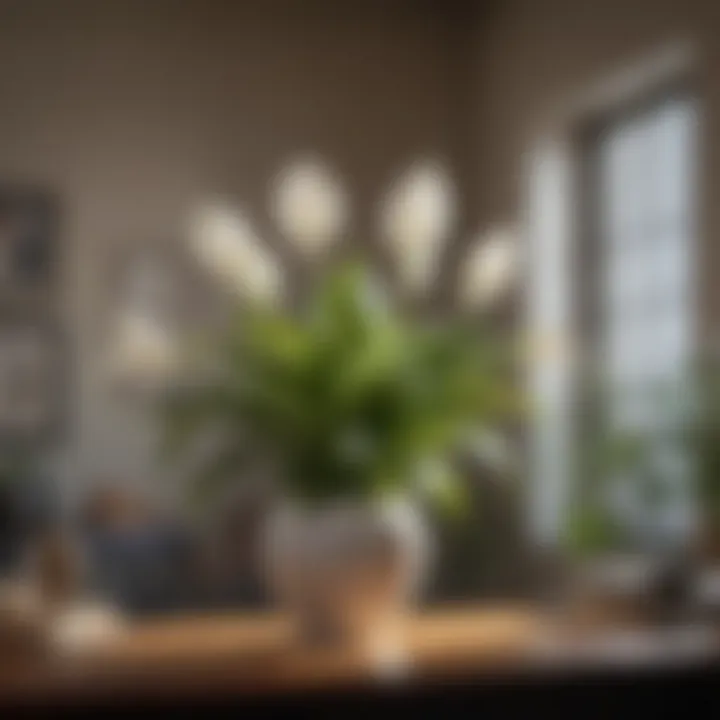 A clump of peace lilies displaying their white blooms in a dimly lit office.