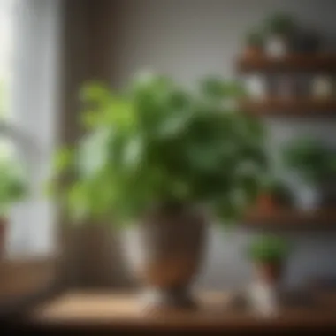 Pothos Plant in Cozy Space A lush pothos plant cascading elegantly from a shelf in a cozy living room.