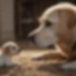 A calm older dog observing a playful puppy.