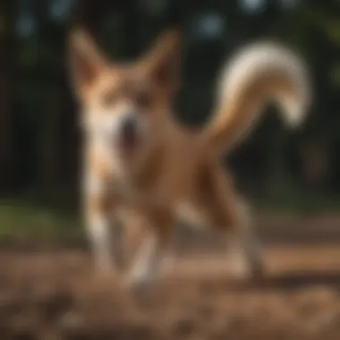 A playful dog caught in mid-spin while chasing its tail.