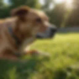 A dog grazing on lush green grass in a sunny park.