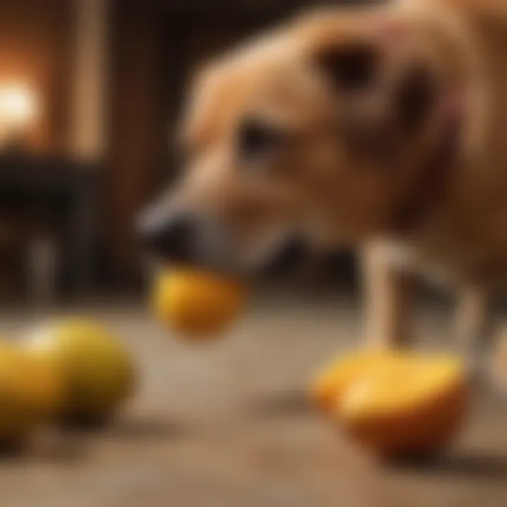 A dog curiously sniffing a mango