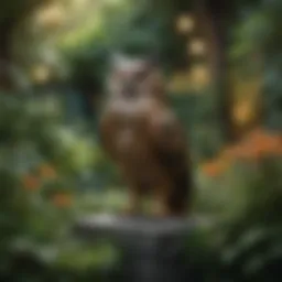 Large plastic owl perched in a vibrant garden