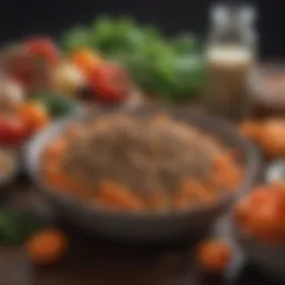A bowl of low protein dog kibble surrounded by fresh vegetables