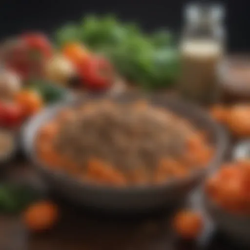 A bowl of low protein dog kibble surrounded by fresh vegetables