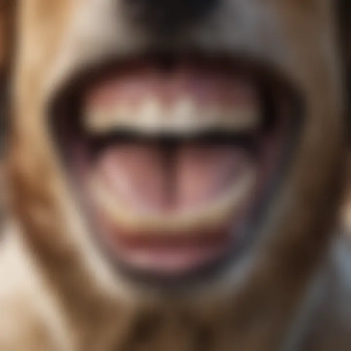 A close-up of a dog's teeth showing plaque build-up