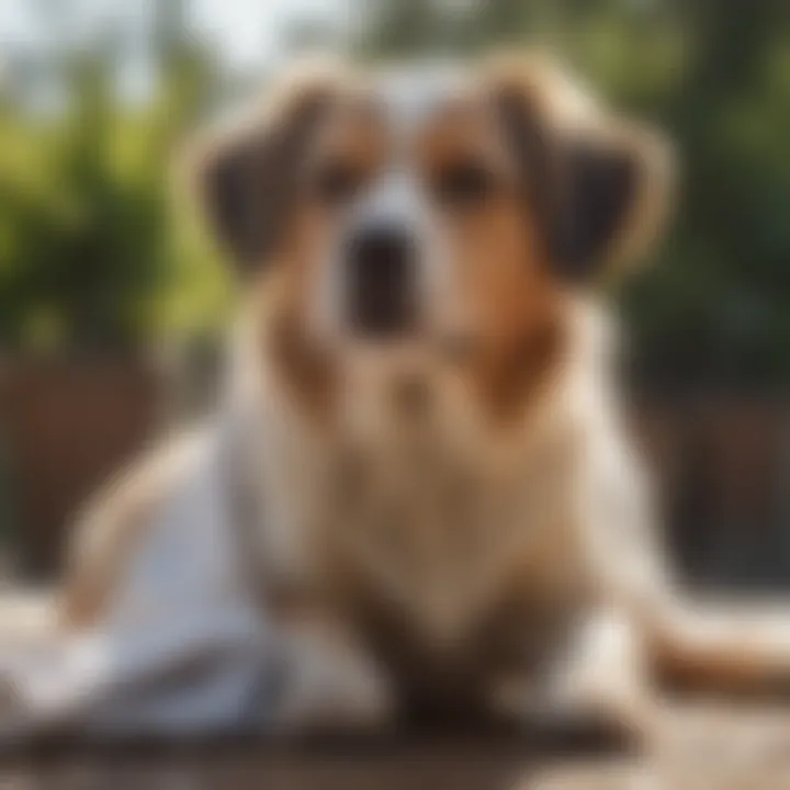 A dog cooling off with a wet towel on a warm day, illustrating effective cooling methods.