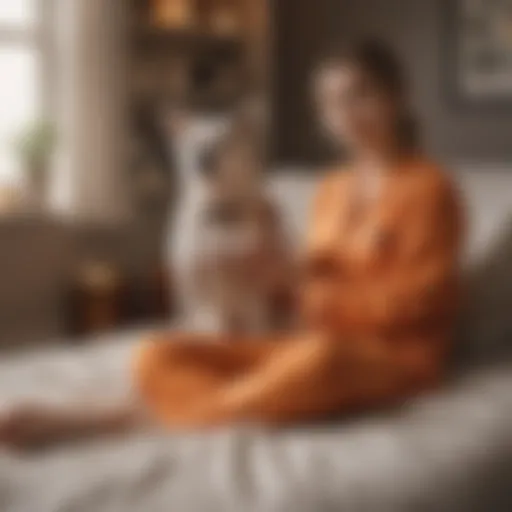 A cozy living room setting featuring a dog and its owner in matching pajamas, radiating warmth and connection.