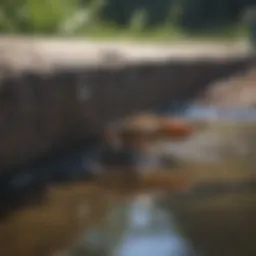 Close-up view of drain gnats near stagnant water