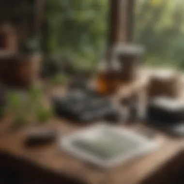 A guidebook and foraging tools laid out on a rustic table