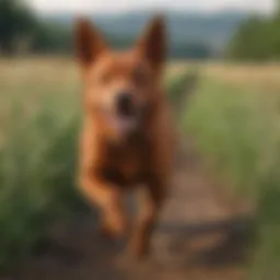 A playful red dog running in a field