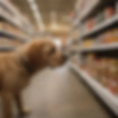 A thoughtful pet owner reviewing puppy food labels in a grocery store.