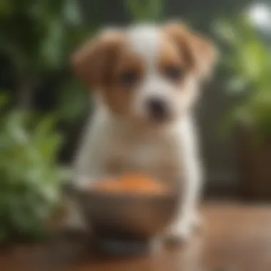 A puppy enjoying a bowl of nutritious food amidst vibrant greenery.