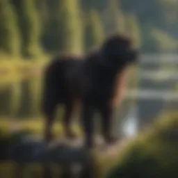 Majestic Newfoundland dog standing by a lake