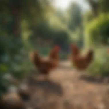 Chickens happily foraging in a lush garden environment