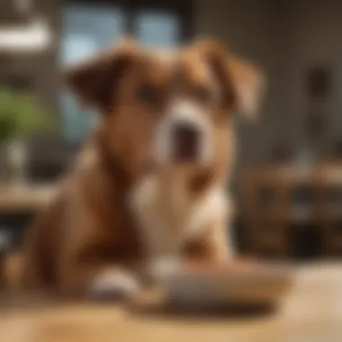 A happy 20 lb dog enjoying its meal from a bowl.