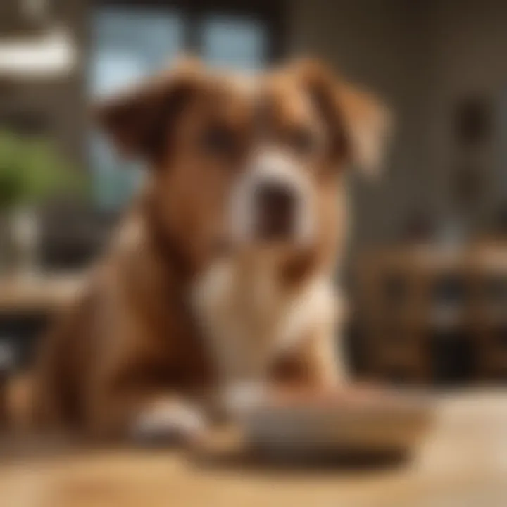 A happy 20 lb dog enjoying its meal from a bowl.