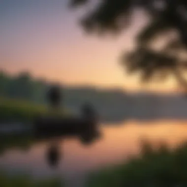 An angler casting line into a clear Wisconsin lake at sunset