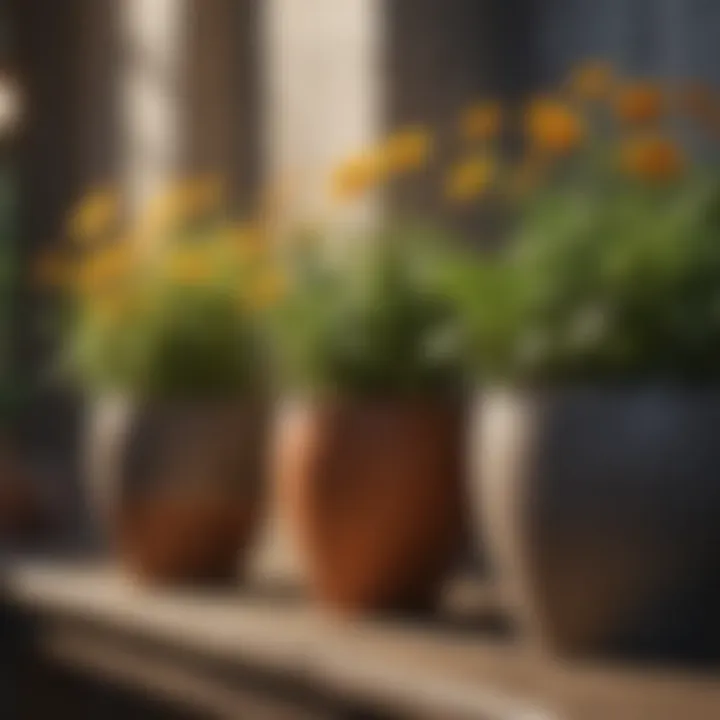 A variety of flowers in decorative pots showcasing full sun growth