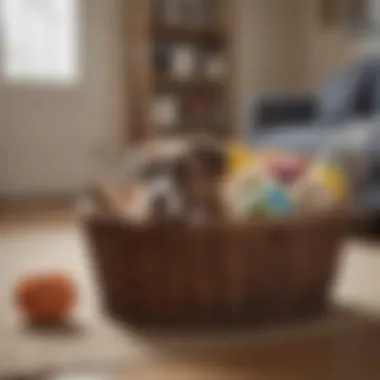 Organized living space with a large basket for dog toys